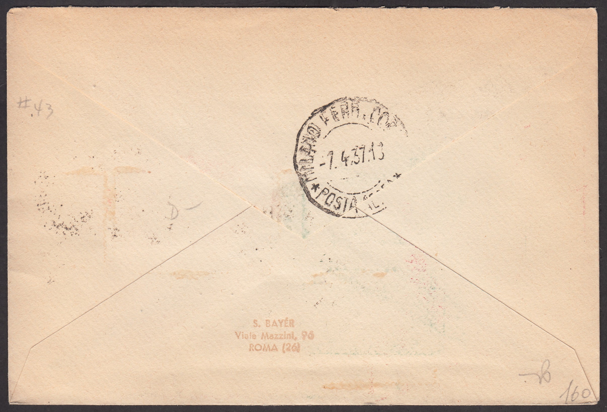 PA122 - 1937 - Primo volo Parigi - Torino - MIlano 7/4/37 con francobolli di Francia, diretta a Luigi Sassone