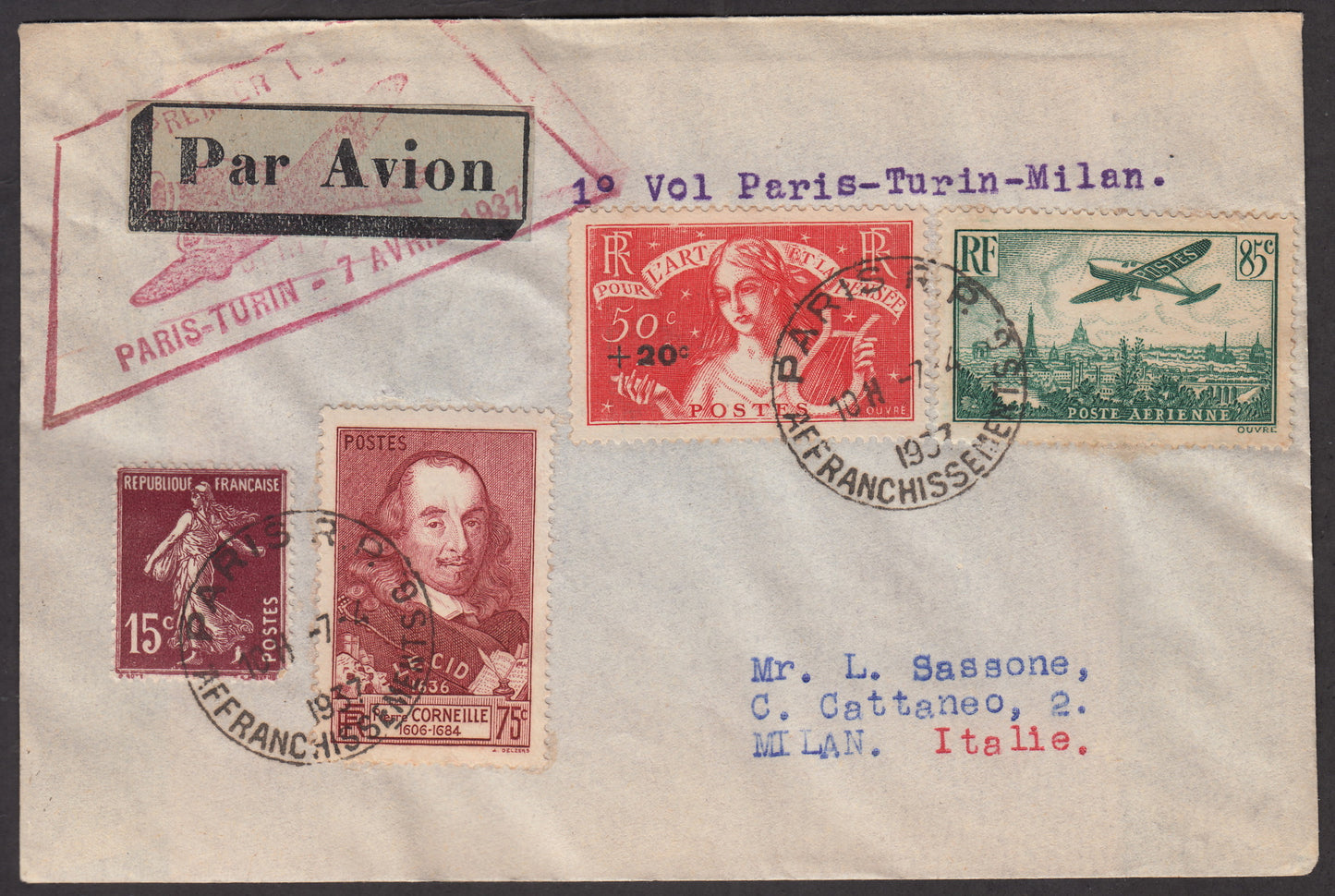1937 - First flight Paris - Turin - Milan 7/4/37 with French stamps, directed to Luigi Sassone 