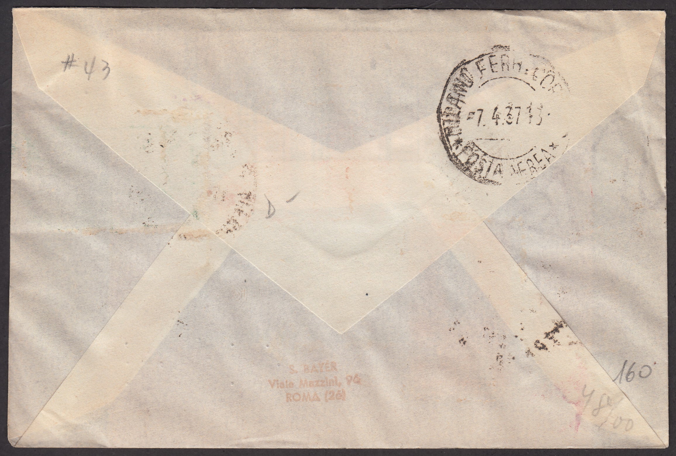 PA126 - 1937 - Primo volo Parigi - Torino - MIlano 7/4/37 con francobolli di Francia, diretta a Luigi Sassone