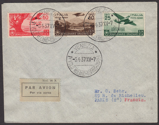 1937 - Primo volo Torino - Parigi 3/4/37 Orazio c. 10 verde + Posta Aerea c. 50 bruno + c. 60 carminio (243 + 398 + A96 + A97)