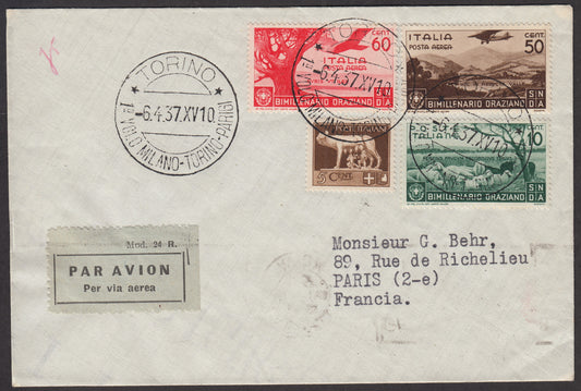 1937 - First flight Turin - Paris 6/4/37 stamped with Imperiale c. 5 bruno + Orazio c. 10 green + Airmail c. 50 brown + c. 60 carmine (243 + 398 + A96 + A97) 