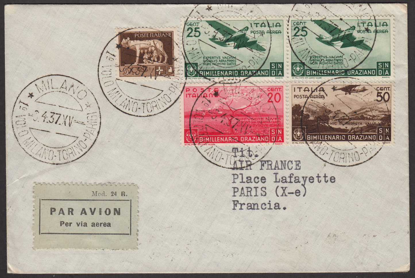 1937 - First flight Milan - Paris 6/4/37 stamped with Imperiale c. 5 bruno + Orazio c. 10 green two copies + Airmail c. 25 green + c. 50 brown (243 + 398 + A95 + A96) 