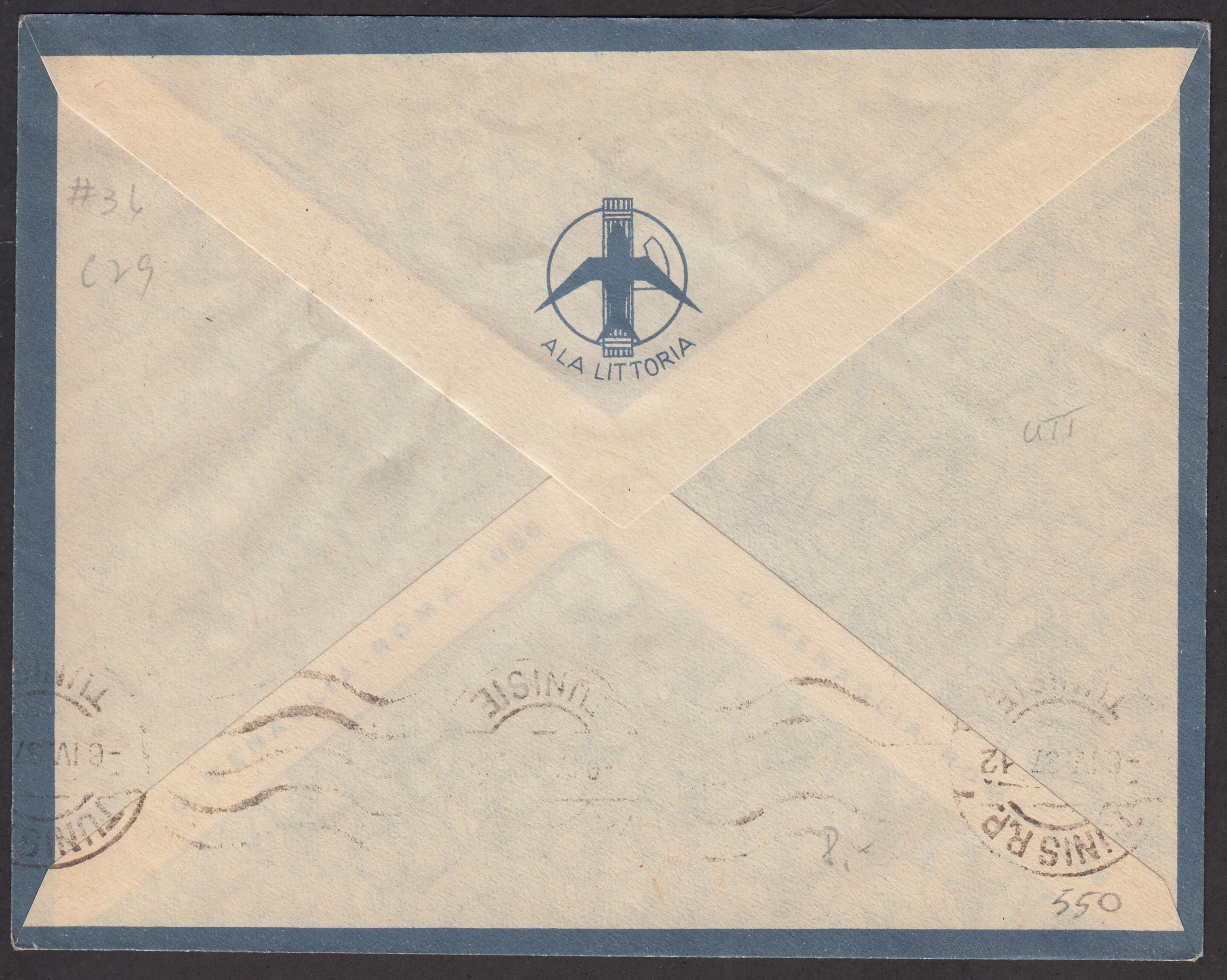 PA164 - 1937 - Primo volo Tripoli - Tunisi 6/4/37 affrancata con Posta Aerea Libia L. 1 bruno nero (A31)