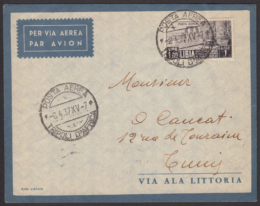 1937 - First flight Tripoli - Tunis 6/4/37 stamped with Libyan Air Mail L. 1 brown black (A31) 