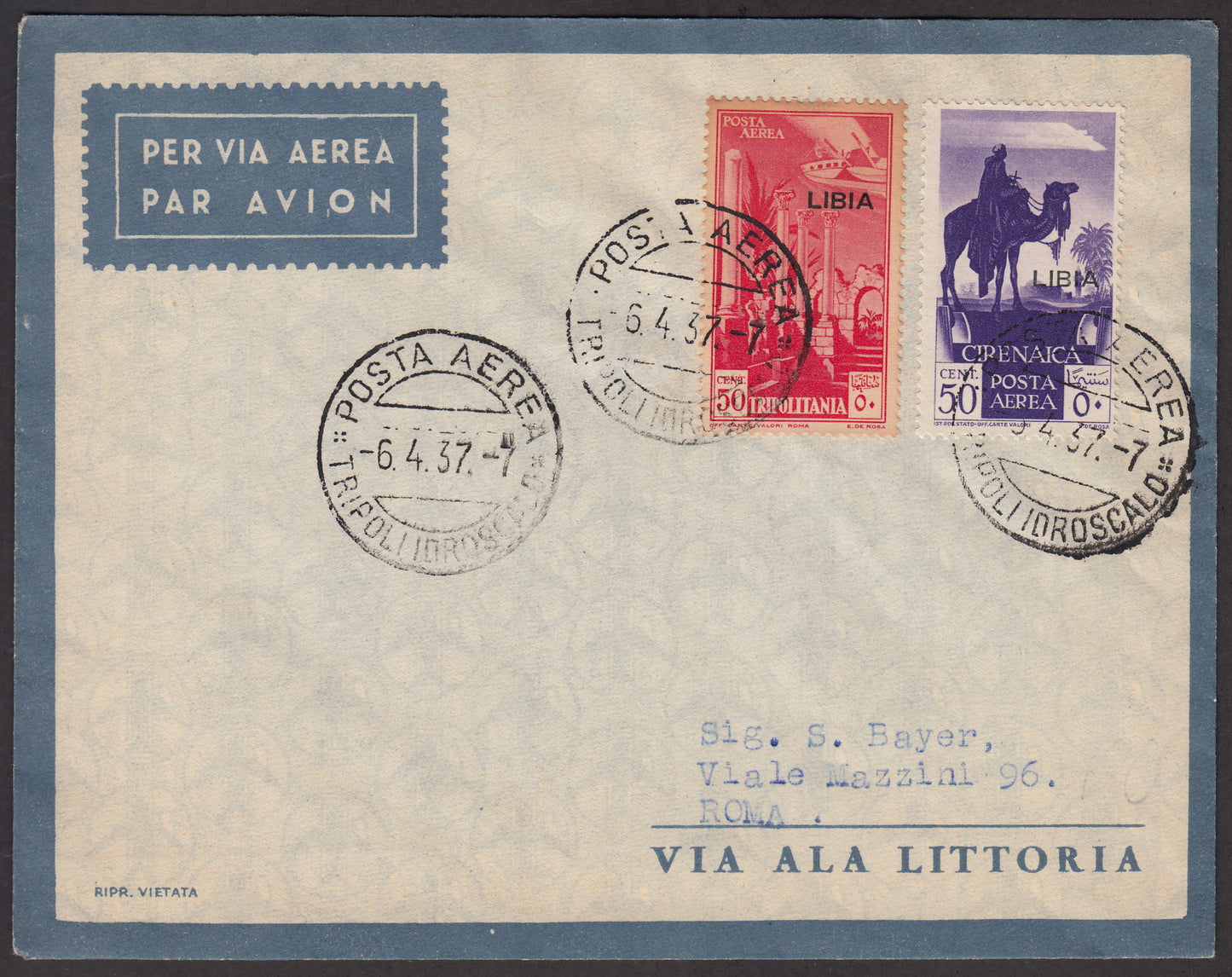 1937 - First flight Tripoli - Rome 6/4/37 franked with Libyan Air Mail on Cyrenaica 50 cents. violet + Libya on Tripolitania c. 50 carmine, twin values ​​(A27 + A28) 