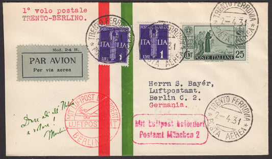 1931 - Primo volo Trento - Berlino 2/4/31 affrancata con Antoniano c. 25 verde + P.A. L. 1 violetto (293 + A14)
