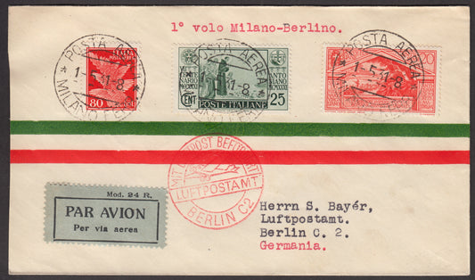 1931 - First flight Milan - Berlin 1/5/31 stamped with S. Antonio c. 25 green + Virgil c.20 orange + PA c. 80 orange (293 + 283 + A13) 