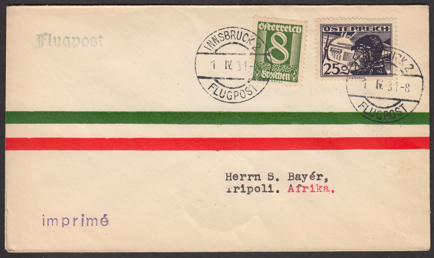 1931 - Primo volo Innsbruck - Tripoli 1/4/31 con francobolli d'Austria.