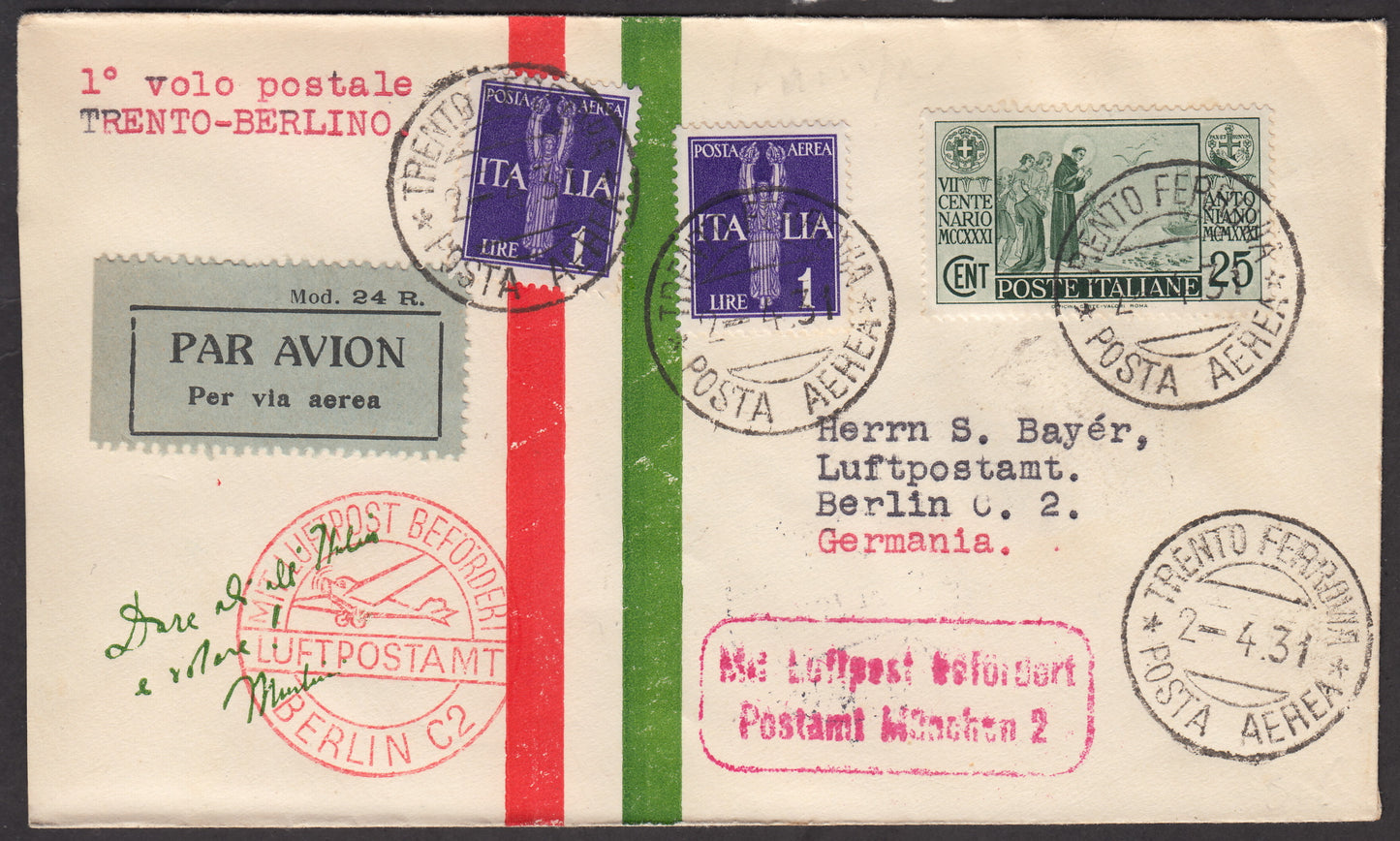 1931 - First flight Trento - Berlin 2/4/31 stamped with S. Antonio c. 25 green + PAL 1 violet two copies (293 + A14) 