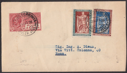 1928 - Primo Volo Milano-Roma 29/10/28 affrancato con Emanuele Filiberto c. 20 bruno e oltremare + c. 30 verde e bruno dentellati 11 + PA 50c. carminio (226+228+PA2)