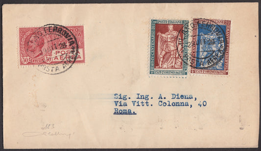 1928 - First Milan-Rome flight 29/10/28 stamped with Emanuele Filiberto c. 20 brown and ultramarine + c. 30 green and brown serrated 11 + PA 50c. carmine (226+228+PA2) 