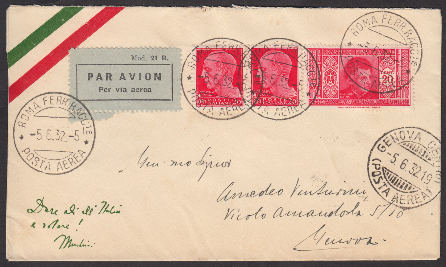 1932 - Airmail, Rome-Genoa 5/6/32 with Imperiale c. 20 carmine two copies + Dante c. 20 carmine, twin values ​​(247+ 305) 
