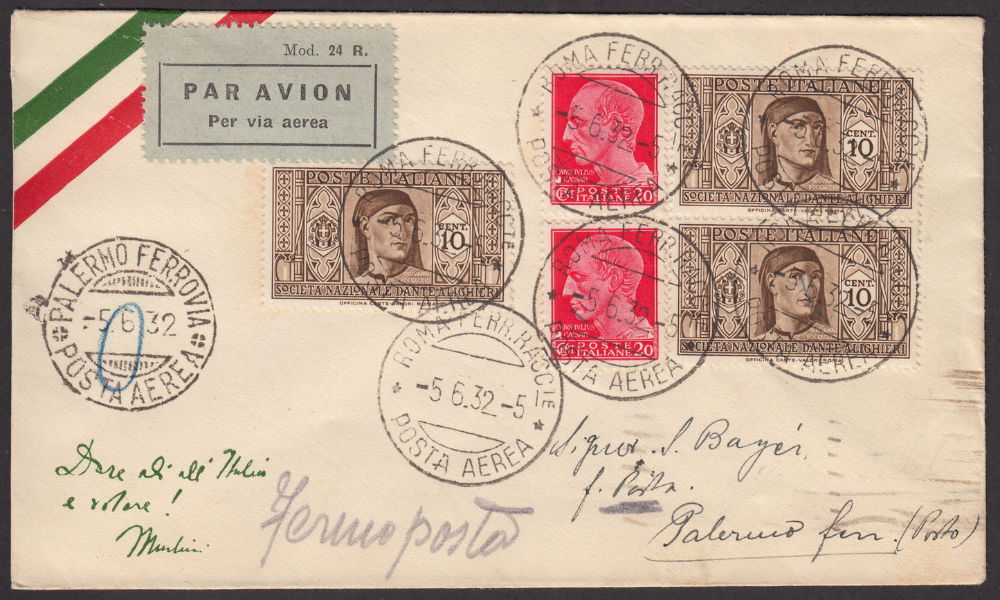 1932 - Airmail, Rome-Palermo 5/6/32 with Imperiale c. 20 carmine two copies + Dante c. 10 brown three specimens (247+303) 