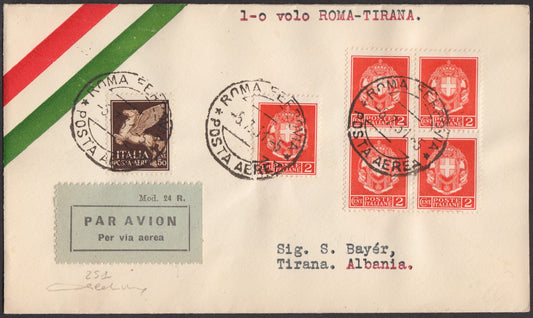 1931 - Primo Volo Roma-Tirana (Albania) 5/7/31 affrancato con imperiale c. 2 arancio quartina + singolo + PA pegaso c. 50 bruno (242A + PA11)