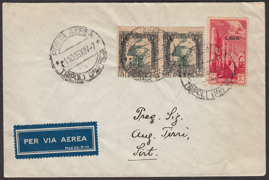 1936 - Air Mail, Tripoli - Sirt 1/10/36 with Pictorica c. 5 black and green pair + Tripolitania Air Mail overprinted LIBYA c.50 carmine (23 + A28) 