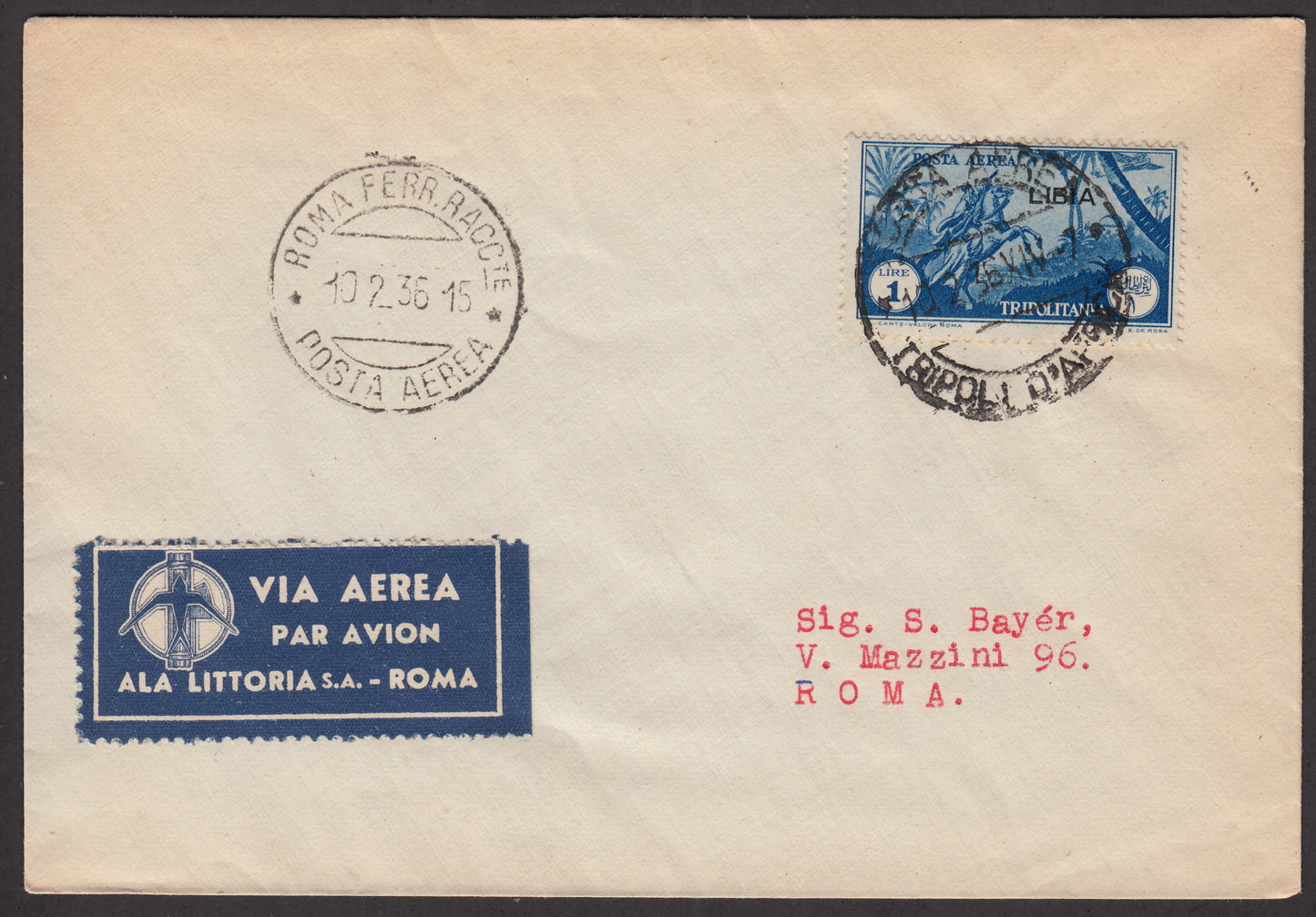 1936 - Posta Aerea, Tripoli - Roma 10/2/36 con Posta Aerea di Tripolitania soprastampata LIBIA 1 lire azzurro (29)