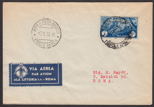 1936 - Correo Aéreo, Trípoli - Roma 2/10/36 con Tripolitania Air Mail sobreimpreso LIBIA 1 lira celeste (29) 