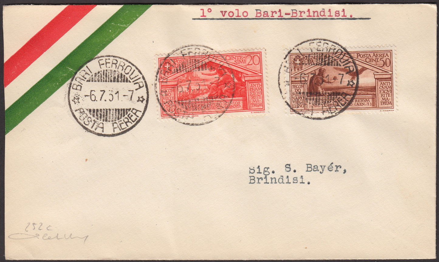 1931 - Primo Volo Bari-Brindisi 6/7/31 affrancato con Virgilio c. 20 arancio + Posta Aerea c. 50 bruno rosso (283 + A21)