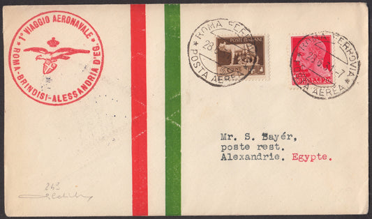 1931 - First air-sea voyage Rome-Brindisi-Alexandria of Egypt 28/6/31 affixed to Lupa c. 5 brown + c. 20 carmine (243 + 247) 