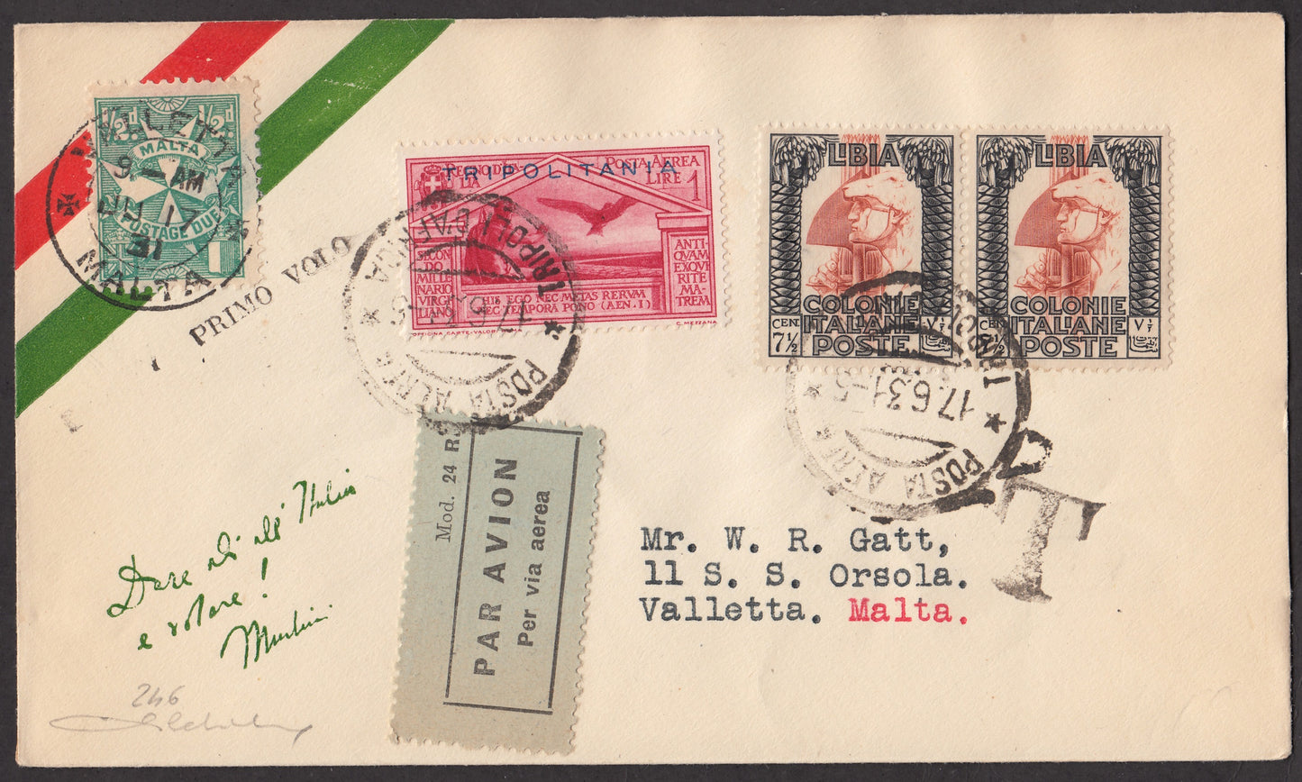 1931 - Primo volo Tripoli - Malta 17/6/31 con Libia c. 7 1/2 coppia orizzontale + Tripolitania Posta Arerea L. 1 rosa + segnatasse maltese da 1/2 pence, rara! (103 + A5)