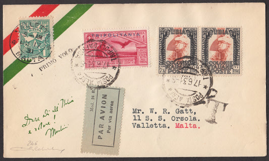 1931 - Primer vuelo Trípoli - Malta 17/6/31 con Libia c. 7 1/2 par horizontal + Tripolitania Posta Arerea L. 1 rosa + 1/2 pence Sello postal maltés, ¡raro! (103 + A5) 