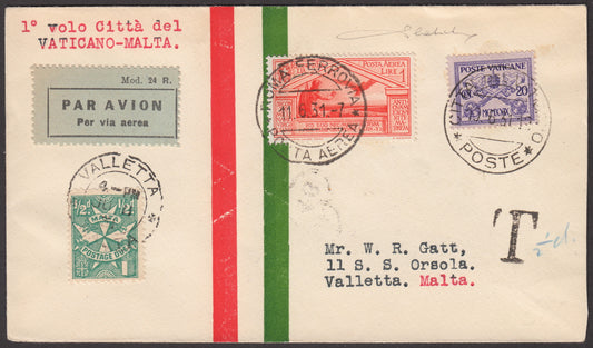 1931 - Primo volo Vaticano - Malta 11/6/31 con Vaticano Conciliazione c. 20 violetto su lilla + Regno Posta Aerea L. 1 arancio + Segnatasse Maltese da 1/2 pence (3 + A22)