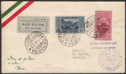 1932 - Primo Volo Caprera - Venezia 5/6/32 affrancato con Garibaldi c. 10 grigio ardesia + P.Aerea c. 50  rosso (315 + A32)