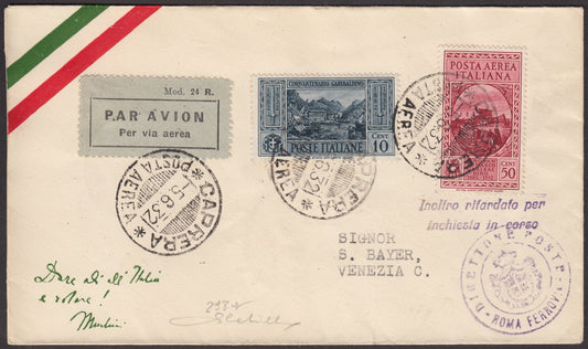 1932 - First Flight Caprera - Venice 5/6/32 stamped with Garibaldi c. 10 slate gray + P.Aerea c. 50 red (315 + A32) 