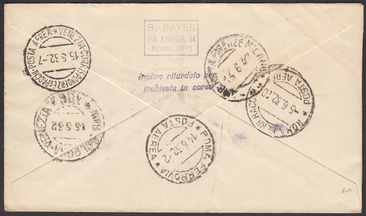 1932 - First Flight Caprera - Venice 5/6/32 stamped with Garibaldi c. 10 slate gray + P.Aerea c. 50 red (315 + A32) 