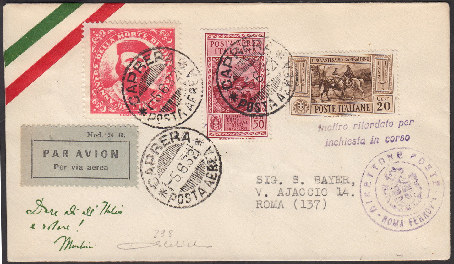 1932 - First Caprera Flight - Rome 5/6/32 stamped with Garibaldi c. 20 brown + Air Force c. 50 red (316 + A32) 