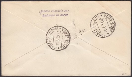 1932 - First Caprera Flight - Rome 5/6/32 stamped with Garibaldi c. 20 brown + Air Force c. 50 red (316 + A32) 