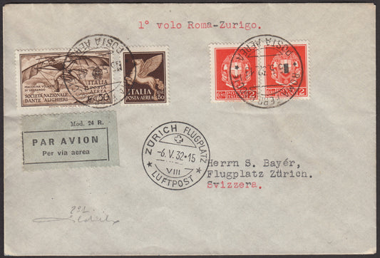 1932 - First flight Rome - Zurich 6/5/32 stamped with Democratica c. 2 orange x 2 + Dante Alighieri P. Aerea c. 50 brown + Pegasus c. 50 brown (242A + A26 + 11) 