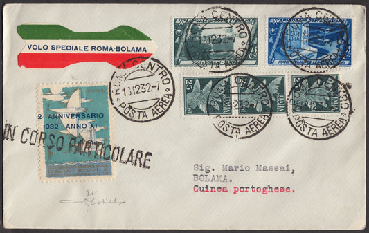 1932 - Special Flight Rome - Bolama (Portuguese Guinea) 12/12/32 stamped with Decennial c. 15 gray green + c. 35 light blue + PA 25c. dark green three copies (327 + 331 + A10) 