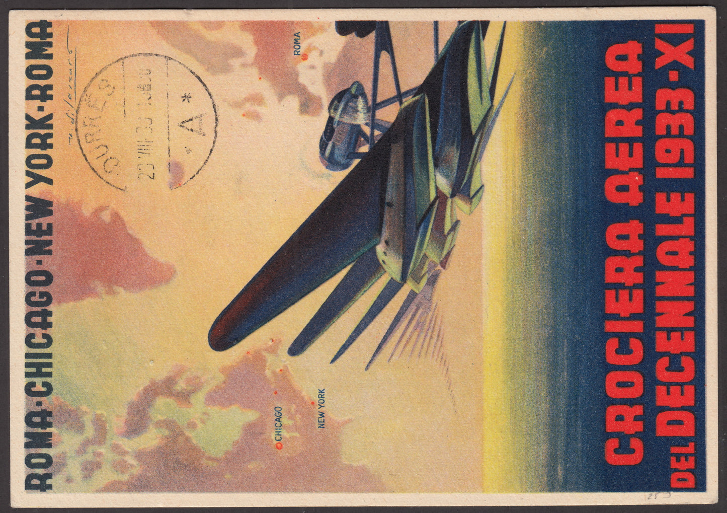 1933 - Crociera del Decennale, cartolina postale via aerea con Giochi Universitari c. 10 bruno + c. 20 carminio + c. 50 violetto (41/43)