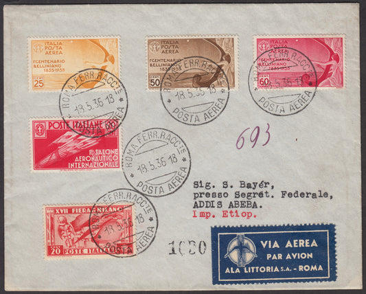 1936 - Primer vuelo Roma - Addis Abeba (Etiopía) 18/5/36 franqueado con Fiera di Milano c. 20 carmín + Salón Aeronáutico c. 20 carmín + Correo aéreo Bellini c. 25 ocre amarillo + c. 50 marrón + c. 60 carmín (384 + 394 + A90/92) 