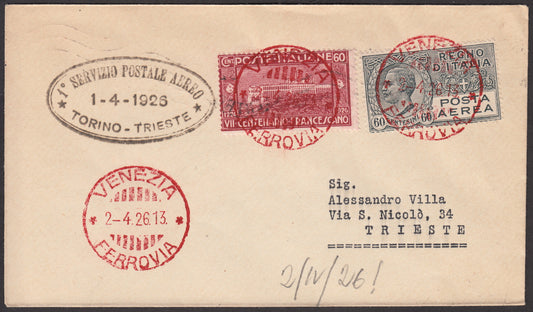 1926 - First air mail service 1/4/1926 Venice-Trieste with Franciscan c. 60 carmine + Airmail c. 60 gray (195 + PA3) 