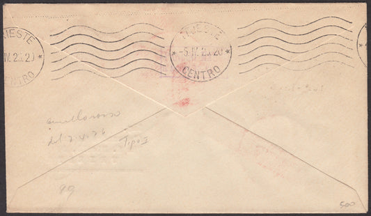1926 - First air mail service 1/4/1926 Venice-Trieste with Franciscan c. 60 carmine + Airmail c. 60 gray (195 + PA3) 