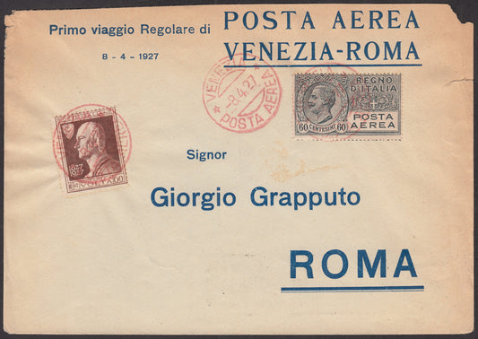 1927 - First regular airmail journey Venice - Rome 8/4/1927 cn Volta c. 60 brown + P.Aerea c. 60 gray (212 + A3) 