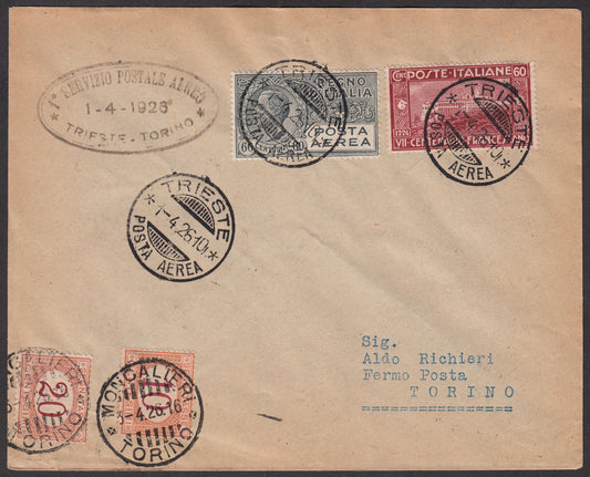 1926 - 1st air mail service Trieste - Turin 1/4/26 with Franciscan c. 60 carmine + P.Aerea c. 60 gray + Postage due on postage c. 10 + c. 20 ocher and carmine (195 + A3 + Tax 21 + 22) 