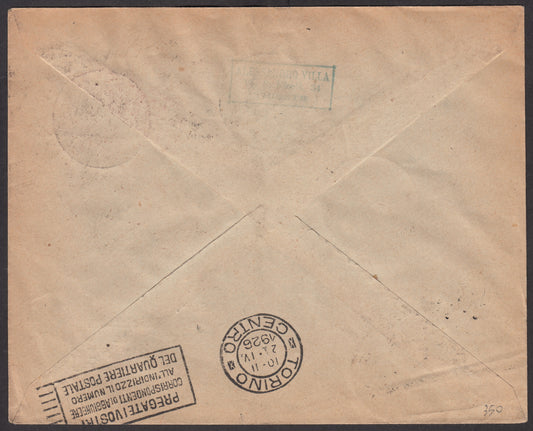 1926 - 1st air mail service Trieste - Turin 1/4/26 with Franciscan c. 60 carmine + P.Aerea c. 60 gray + Postage due on postage c. 10 + c. 20 ocher and carmine (195 + A3 + Tax 21 + 22) 