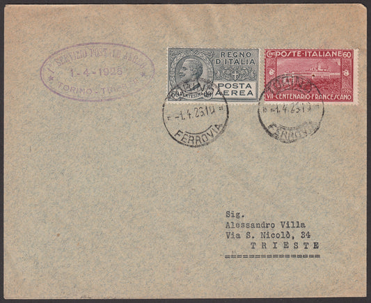 1926 - 1st air postal service Turin - Trieste 1/4/26 with Franciscan c. 60 carmine + P.Aerea c. 60 gray (195 + A3) 