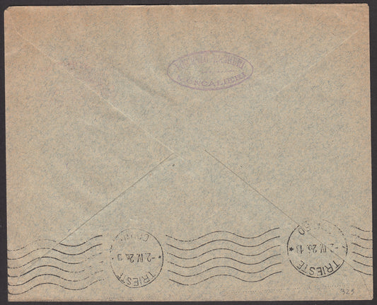 1926 - 1st air postal service Turin - Trieste 1/4/26 with Franciscan c. 60 carmine + P.Aerea c. 60 gray (195 + A3) 