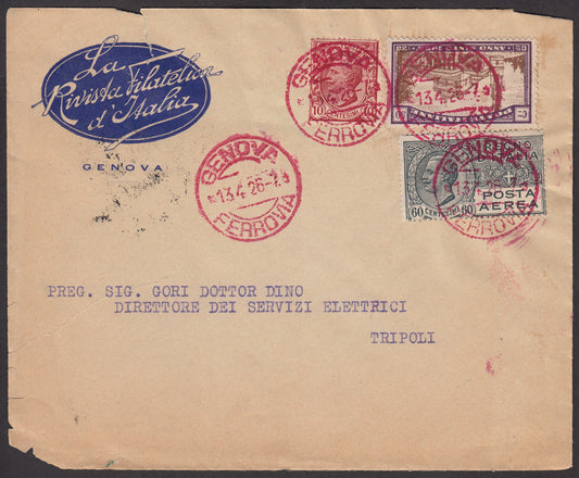 1926 - Primer vuelo Génova Trípoli 13/4/26 con Año Santo 50c. + 25c. violeta y marrón + Leoni c. 10 rosas + Air P. c. 60 gris (82 + 171 + A3) 