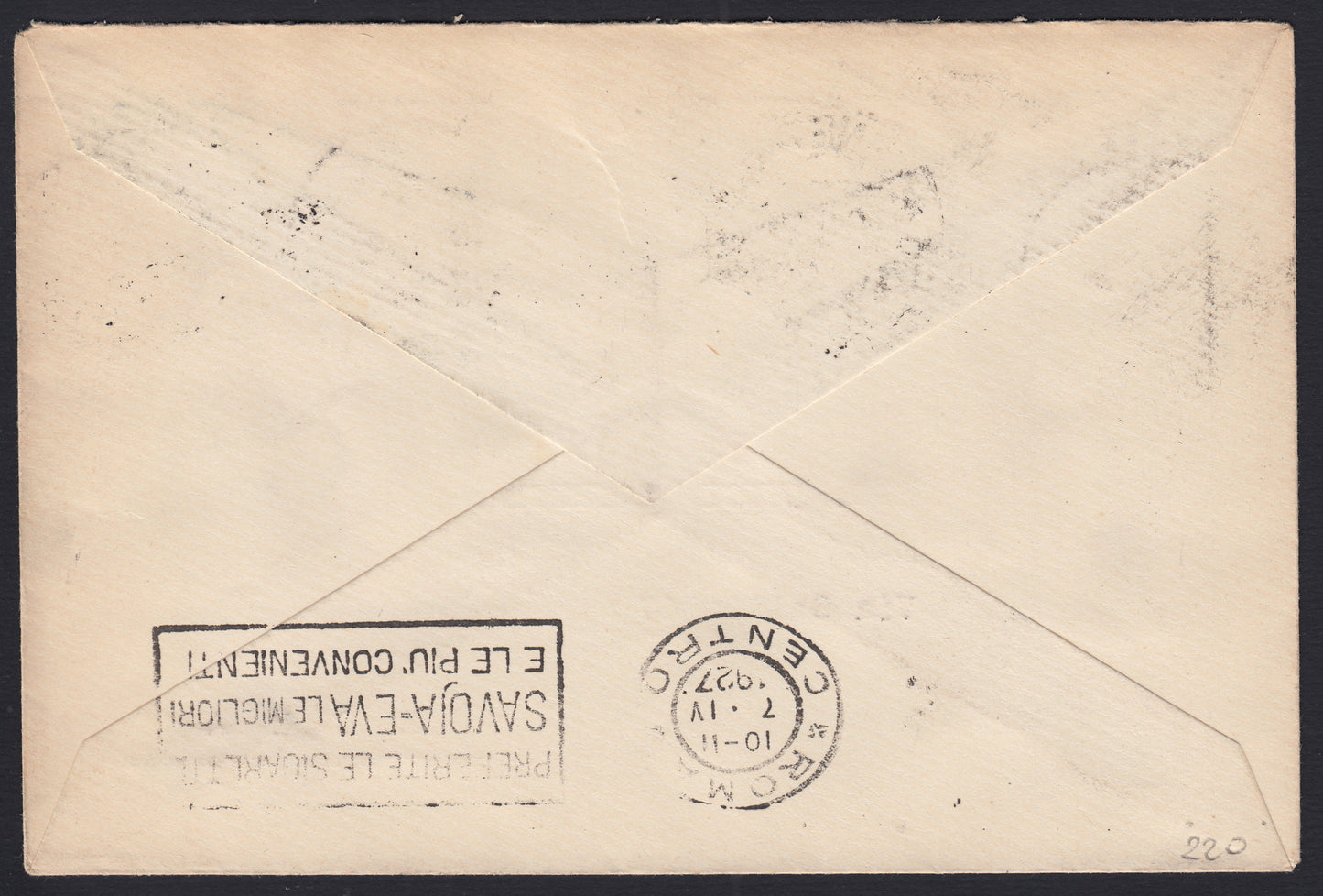 1926 - 1st air postal service Turin - Trieste 1/4/26 with Franciscan c. 60 carmine + P.Aerea c. 60 gray (195 + A3) 