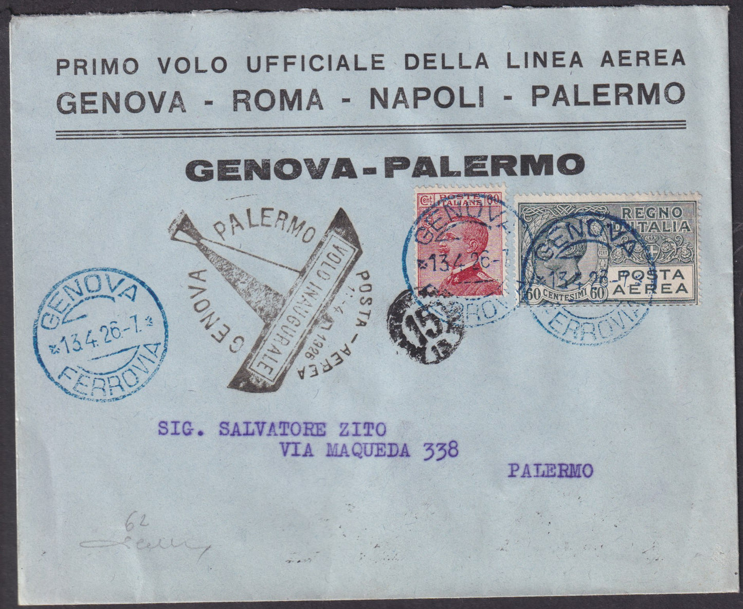 1926 - Primo volo Genova Palermo 13/4/1926 con affrancatura composta da MIchetti c. 60 carminio + Posta Aerea c. 60 grigio (111 + PA3)