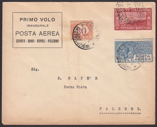 1926 - Primo volo Genova Palermo 2275/26 annulli in arrivo su Francescano c. 60 carminio + Posta Aerea L. 1 azzurro + Segnatasse c. 30 ocra e carminio (195 + PA4 + Tax 23)