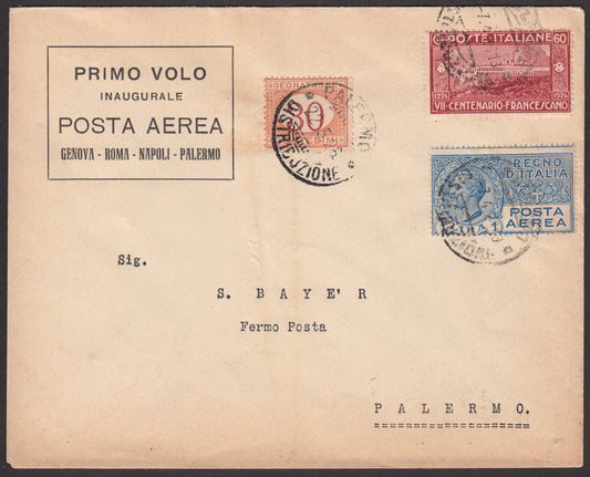 1926 - First Genoa Palermo flight 2275/26 cancellations arriving on Francescano c. 60 carmine + Air Mail L. 1 light blue + Postage due c. 30 Ocher and Carmine (195 + PA4 + Tax 23) 