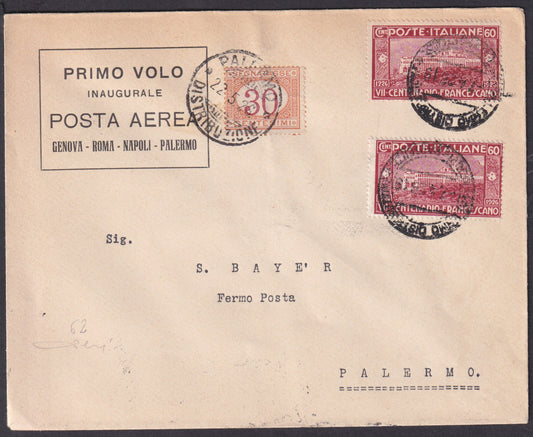 1926 - First inaugural airmail flight Genoa-Rome-Naples-Palermo 22/5/26 stamped with Francescano c. 60 carmine two copies + postage due c. 30 ocher and carmine (195 + Tax23) 