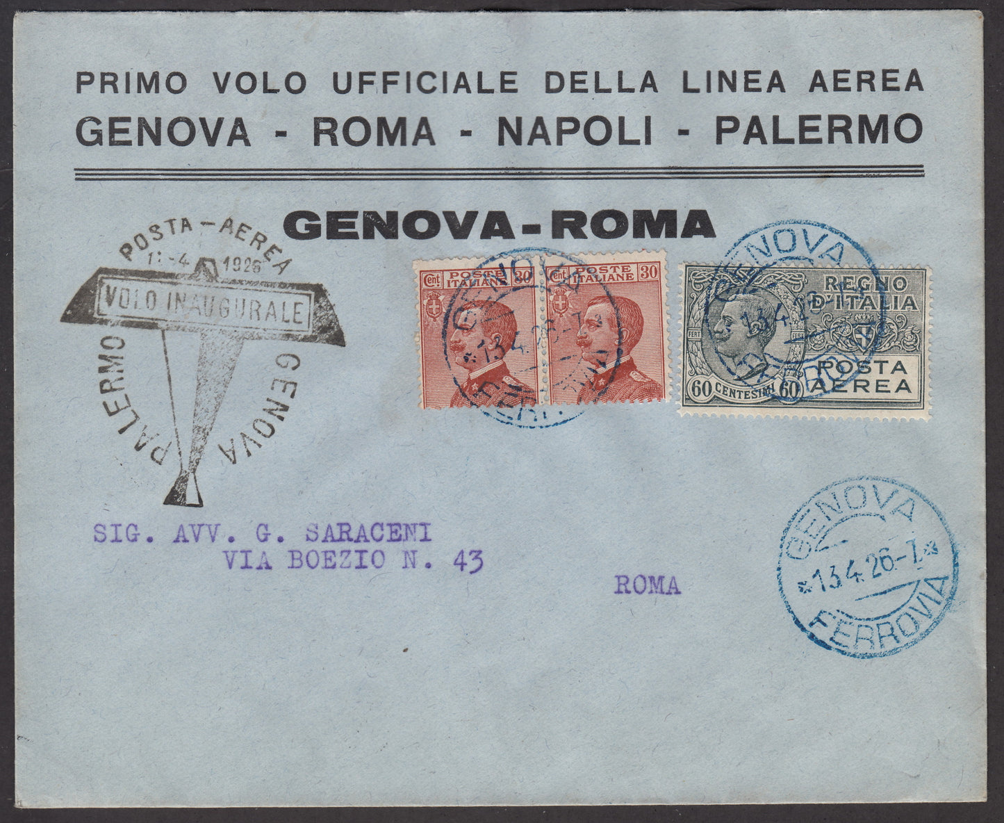 1926 - Primo volo Genova Roma 13/4/1926 con affrancatura composta da Michetti c. 30 bruno arancio coppia orizzontale + P.Aerea c. 60 grigio (127 +PA3)