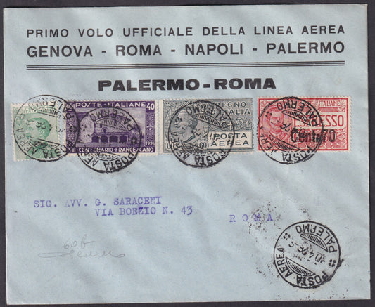 1926 - Primer vuelo Palermo - Roma 4/10/1926 con franqueo de cuatro valores compuesto por c. 20 verde Michetti + Francescano c. 40 violeta + Correo aéreo c. 60 gris + Espresso c. 70 de 60 rojos (184+194+PA3+Exp9) 